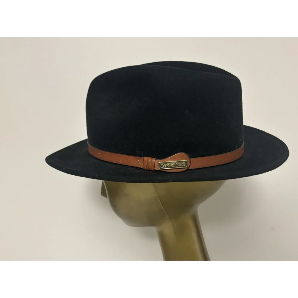 Vintage Eddie Bauer Hat Mens Large Black Wool Blend Fedora Hiking Camping USA